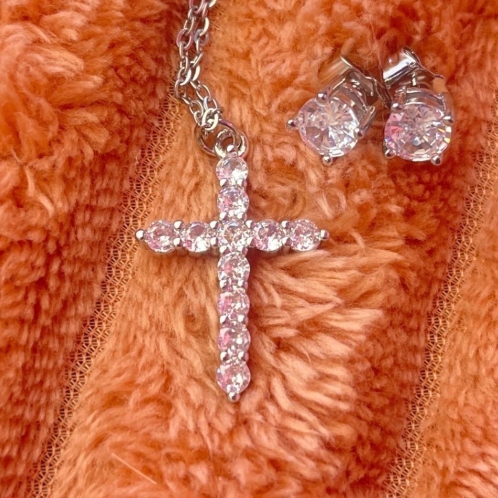 Religious Cross Necklace & Stud Earring Set Sterling Silver Moissanite Women 16 - Picture 7 of 7